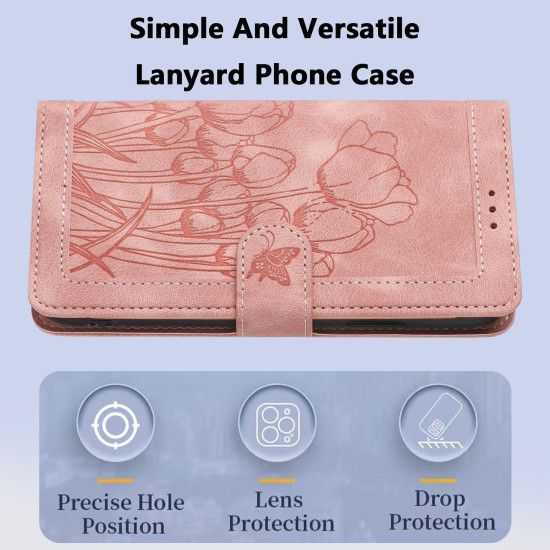 For Samsung Galaxy S24+ 5G Tulips Embossed Leather Phone Case with Lanyard(Pink)
