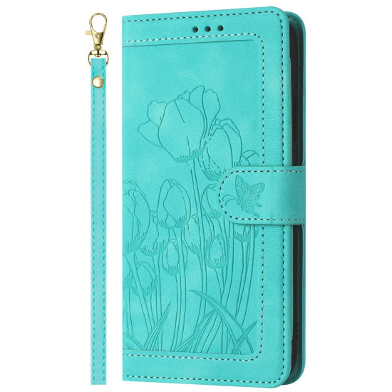 For Samsung Galaxy S24+ 5G Tulips Embossed Leather Phone Case with Lanyard(Green)