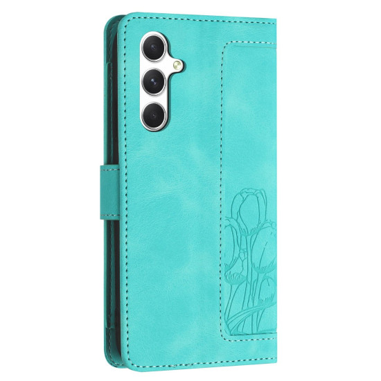 For Samsung Galaxy S24+ 5G Tulips Embossed Leather Phone Case with Lanyard(Green)