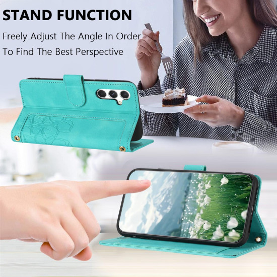 For Samsung Galaxy S24+ 5G Tulips Embossed Leather Phone Case with Lanyard(Green)