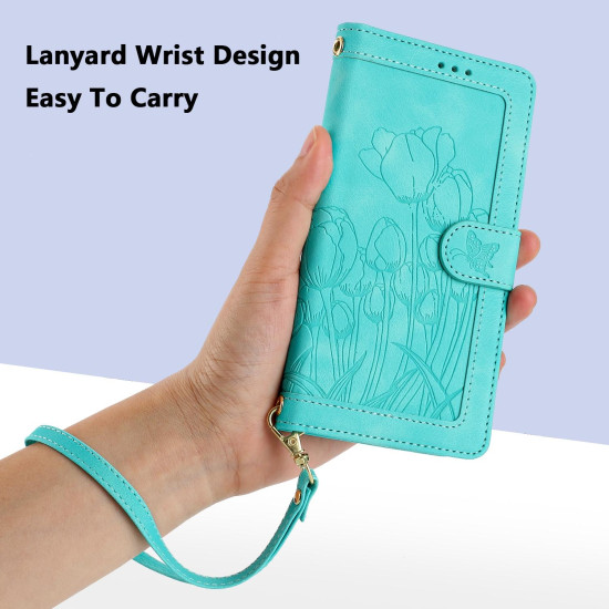 For Samsung Galaxy S24+ 5G Tulips Embossed Leather Phone Case with Lanyard(Green)