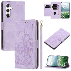 For Samsung Galaxy S24+ 5G Tulips Embossed Leather Phone Case with Lanyard(Purple)