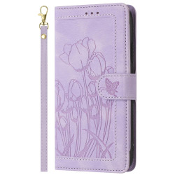 For Samsung Galaxy S24+ 5G Tulips Embossed Leather Phone Case with Lanyard(Purple)