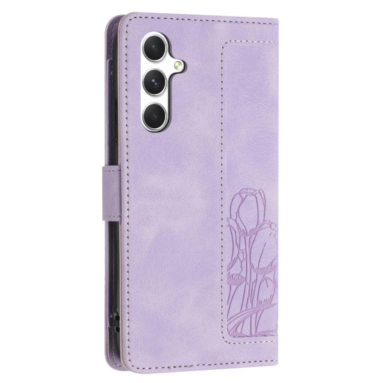 For Samsung Galaxy S24+ 5G Tulips Embossed Leather Phone Case with Lanyard(Purple)