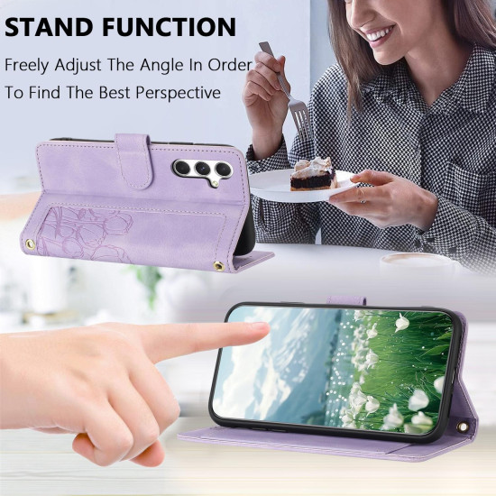 For Samsung Galaxy S24+ 5G Tulips Embossed Leather Phone Case with Lanyard(Purple)