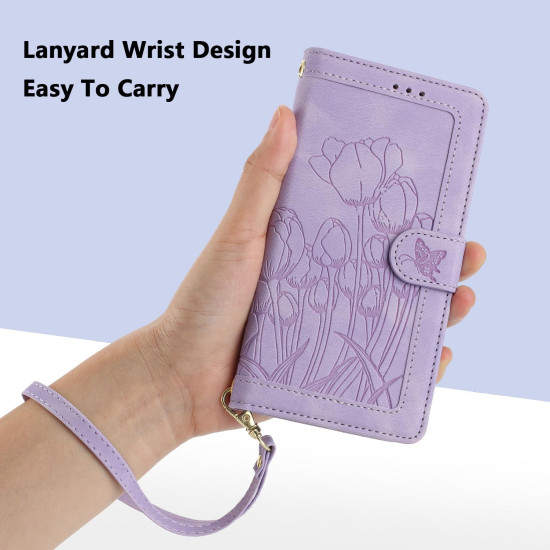 For Samsung Galaxy S24+ 5G Tulips Embossed Leather Phone Case with Lanyard(Purple)