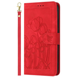 For Samsung Galaxy S24+ 5G Tulips Embossed Leather Phone Case with Lanyard(Red)