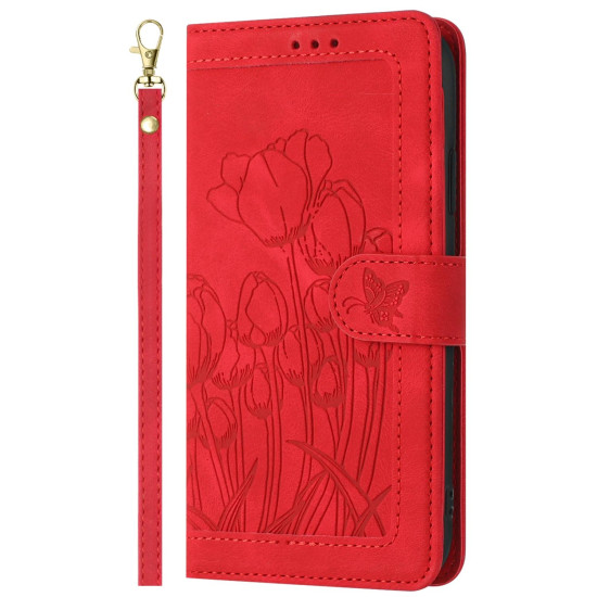 For Samsung Galaxy S24+ 5G Tulips Embossed Leather Phone Case with Lanyard(Red)