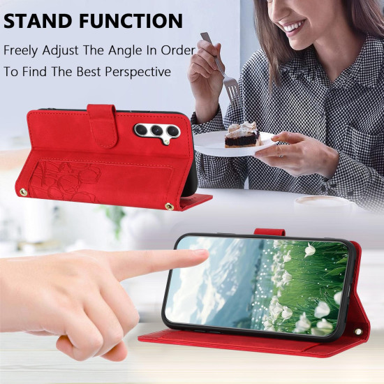 For Samsung Galaxy S24+ 5G Tulips Embossed Leather Phone Case with Lanyard(Red)