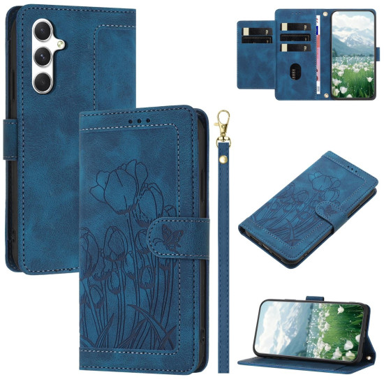 For Samsung Galaxy S24+ 5G Tulips Embossed Leather Phone Case with Lanyard(Blue)