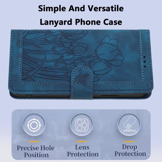 For Samsung Galaxy S24+ 5G Tulips Embossed Leather Phone Case with Lanyard(Blue)