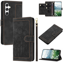 For Samsung Galaxy S24+ 5G Tulips Embossed Leather Phone Case with Lanyard(Black)