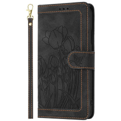 For Samsung Galaxy S24+ 5G Tulips Embossed Leather Phone Case with Lanyard(Black)