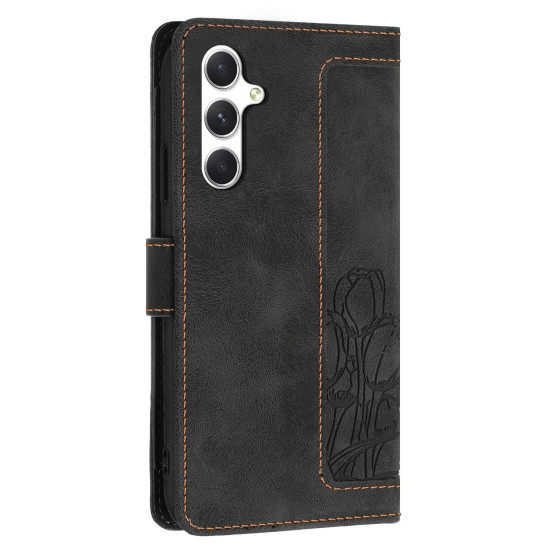 For Samsung Galaxy S24+ 5G Tulips Embossed Leather Phone Case with Lanyard(Black)