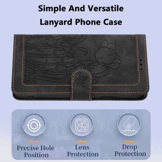 For Samsung Galaxy S24+ 5G Tulips Embossed Leather Phone Case with Lanyard(Black)