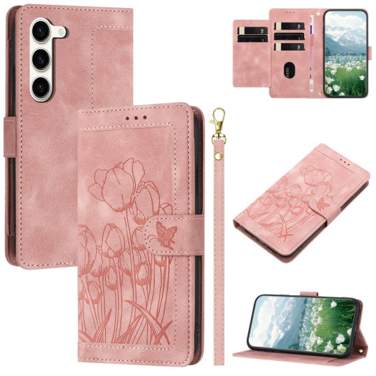 For Samsung Galaxy S23+ 5G Tulips Embossed Leather Phone Case with Lanyard(Pink)