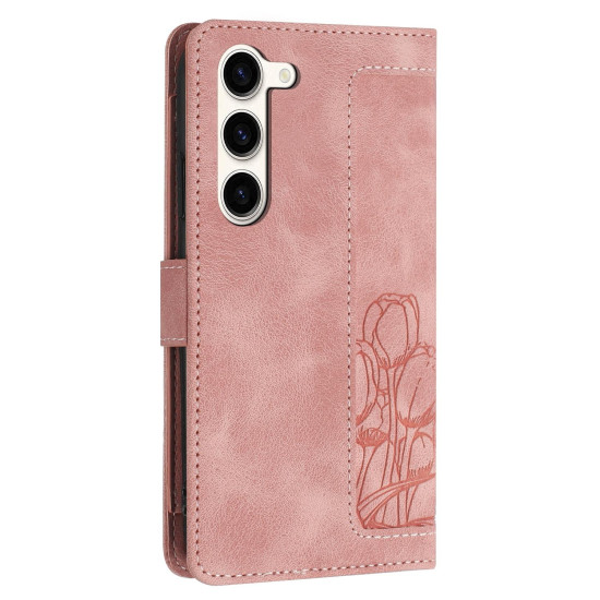 For Samsung Galaxy S23+ 5G Tulips Embossed Leather Phone Case with Lanyard(Pink)