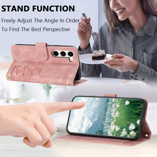 For Samsung Galaxy S23+ 5G Tulips Embossed Leather Phone Case with Lanyard(Pink)