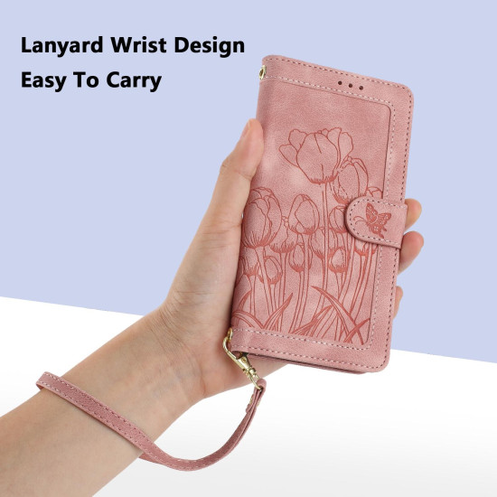 For Samsung Galaxy S23+ 5G Tulips Embossed Leather Phone Case with Lanyard(Pink)