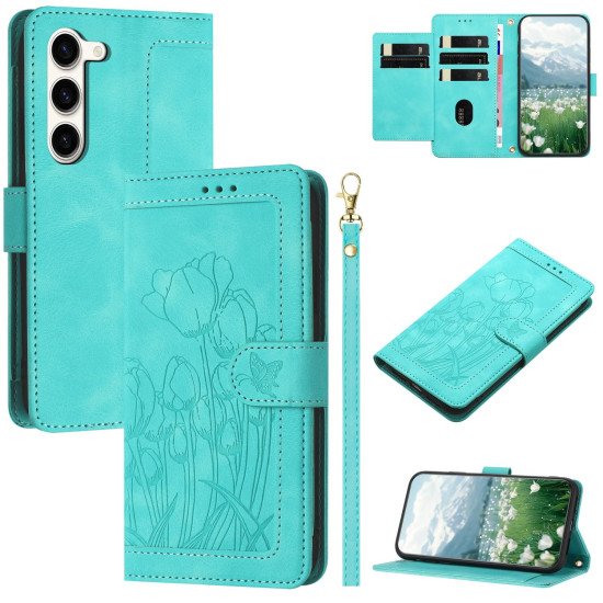For Samsung Galaxy S23+ 5G Tulips Embossed Leather Phone Case with Lanyard(Green)