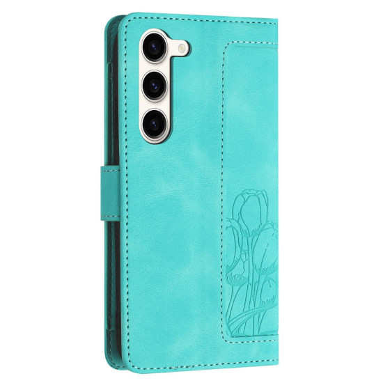For Samsung Galaxy S23+ 5G Tulips Embossed Leather Phone Case with Lanyard(Green)