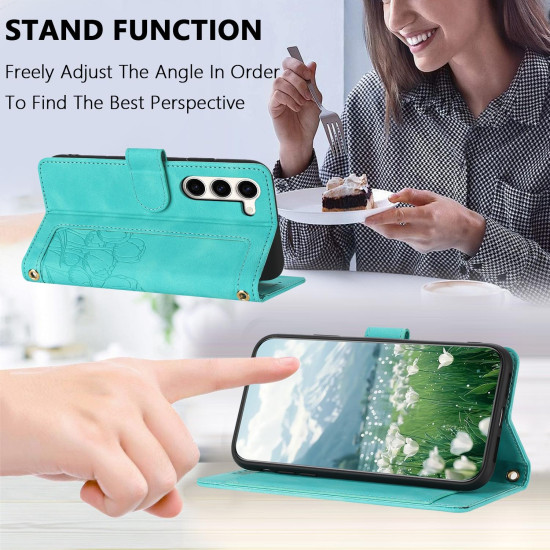 For Samsung Galaxy S23+ 5G Tulips Embossed Leather Phone Case with Lanyard(Green)
