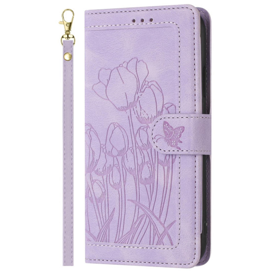 For Samsung Galaxy S23+ 5G Tulips Embossed Leather Phone Case with Lanyard(Purple)