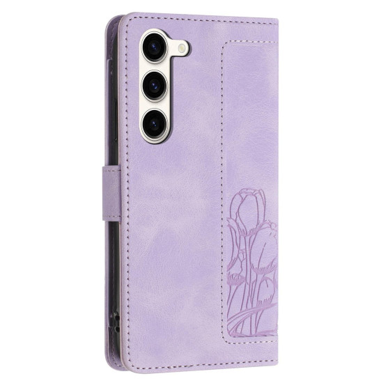 For Samsung Galaxy S23+ 5G Tulips Embossed Leather Phone Case with Lanyard(Purple)