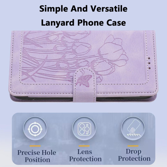 For Samsung Galaxy S23+ 5G Tulips Embossed Leather Phone Case with Lanyard(Purple)