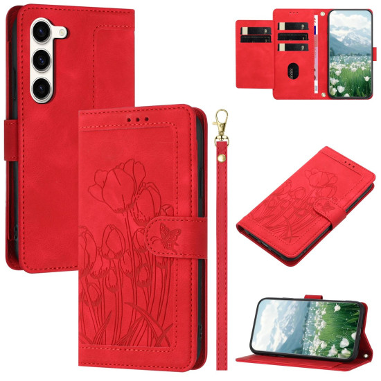 For Samsung Galaxy S23+ 5G Tulips Embossed Leather Phone Case with Lanyard(Red)