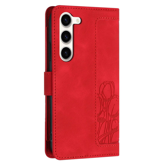 For Samsung Galaxy S23+ 5G Tulips Embossed Leather Phone Case with Lanyard(Red)