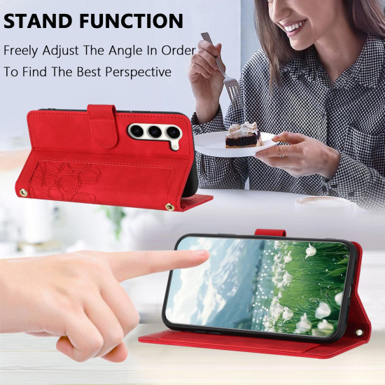 For Samsung Galaxy S23+ 5G Tulips Embossed Leather Phone Case with Lanyard(Red)