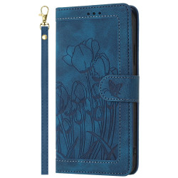 For Samsung Galaxy S23+ 5G Tulips Embossed Leather Phone Case with Lanyard(Blue)