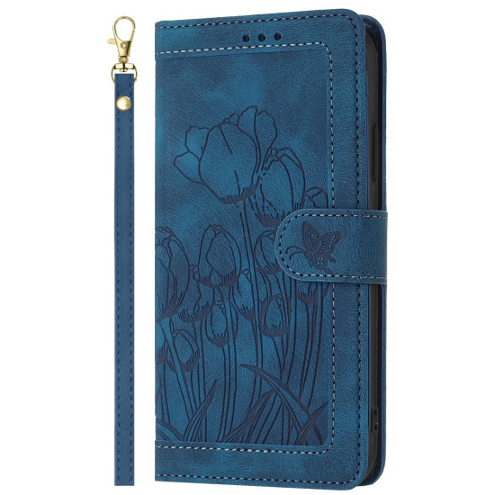 For Samsung Galaxy S23+ 5G Tulips Embossed Leather Phone Case with Lanyard(Blue)
