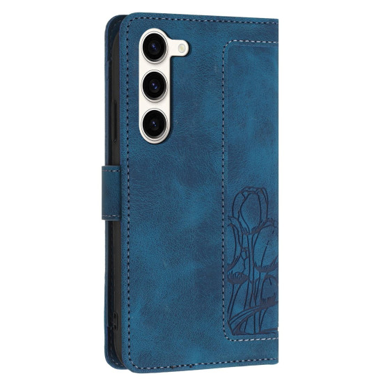 For Samsung Galaxy S23+ 5G Tulips Embossed Leather Phone Case with Lanyard(Blue)