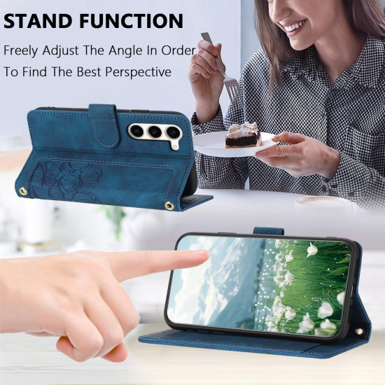 For Samsung Galaxy S23+ 5G Tulips Embossed Leather Phone Case with Lanyard(Blue)