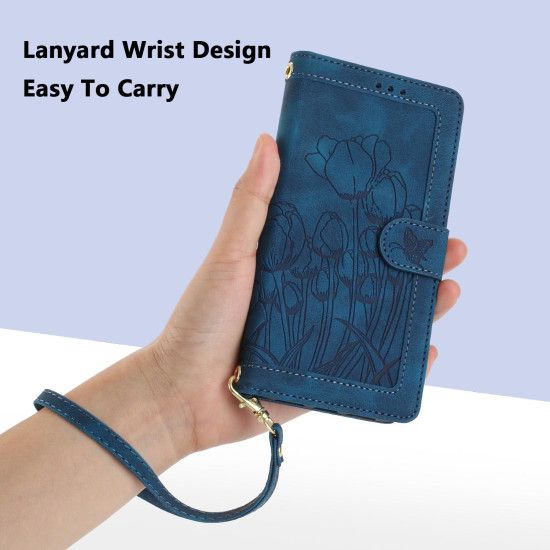 For Samsung Galaxy S23+ 5G Tulips Embossed Leather Phone Case with Lanyard(Blue)