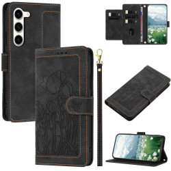 For Samsung Galaxy S23+ 5G Tulips Embossed Leather Phone Case with Lanyard(Black)