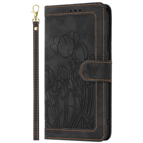 For Samsung Galaxy S23+ 5G Tulips Embossed Leather Phone Case with Lanyard(Black)