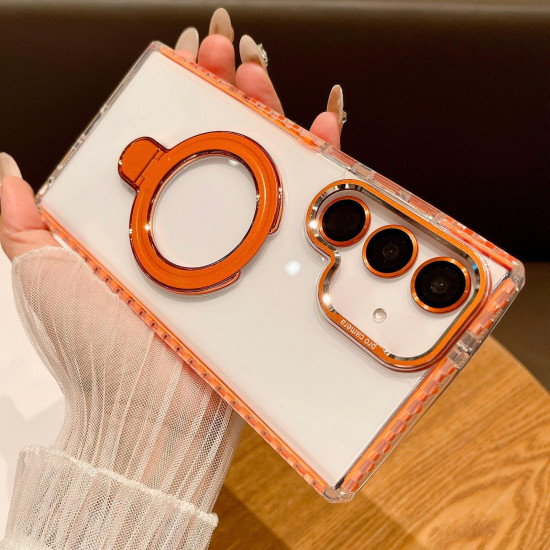 For Samsung Galaxy S24+ 5G Transparent MagSafe Holder Phone Case with Lens Film(Orange)