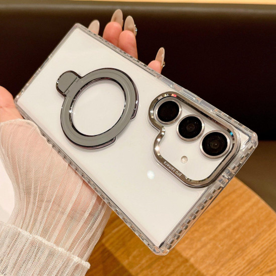 For Samsung Galaxy S24+ 5G Transparent MagSafe Holder Phone Case with Lens Film(Grey)