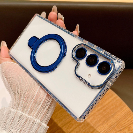 For Samsung Galaxy S24+ 5G Transparent MagSafe Holder Phone Case with Lens Film(Blue)