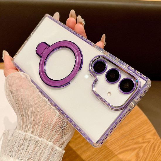 For Samsung Galaxy S24+ 5G Transparent MagSafe Holder Phone Case with Lens Film(Purple)