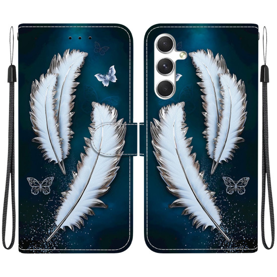 For Samsung Galaxy S24+ 5G Crystal Texture Colored Drawing Leather Phone Case(White Butterfly Feathers)