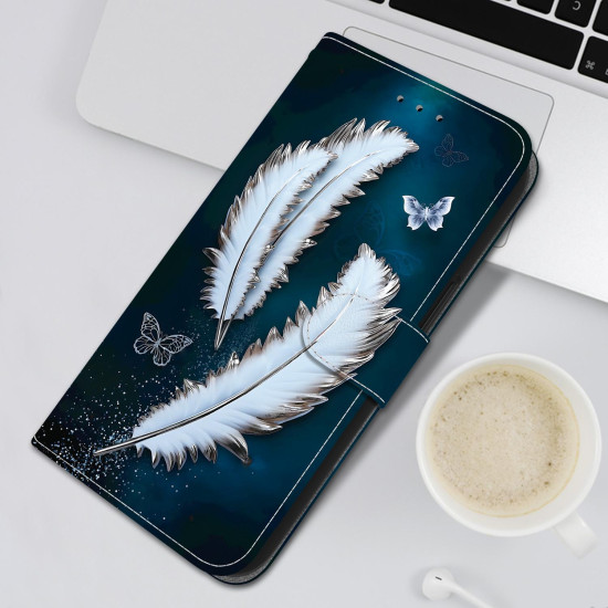 For Samsung Galaxy S24+ 5G Crystal Texture Colored Drawing Leather Phone Case(White Butterfly Feathers)