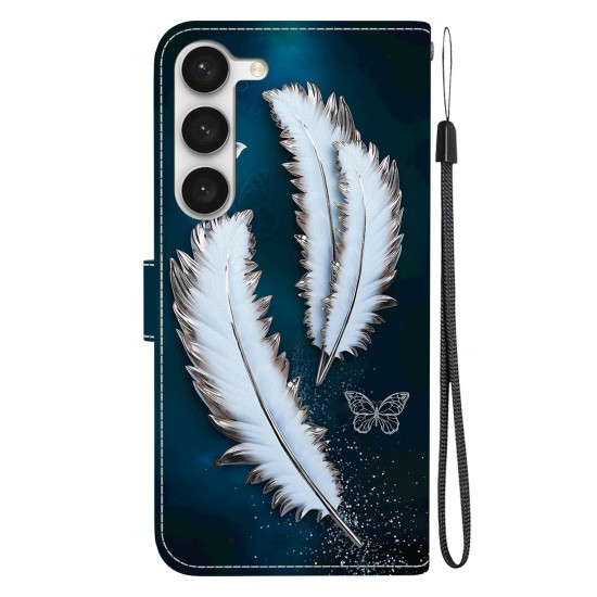 For Samsung Galaxy S23 5G Crystal Texture Colored Drawing Leather Phone Case(White Butterfly Feathers)