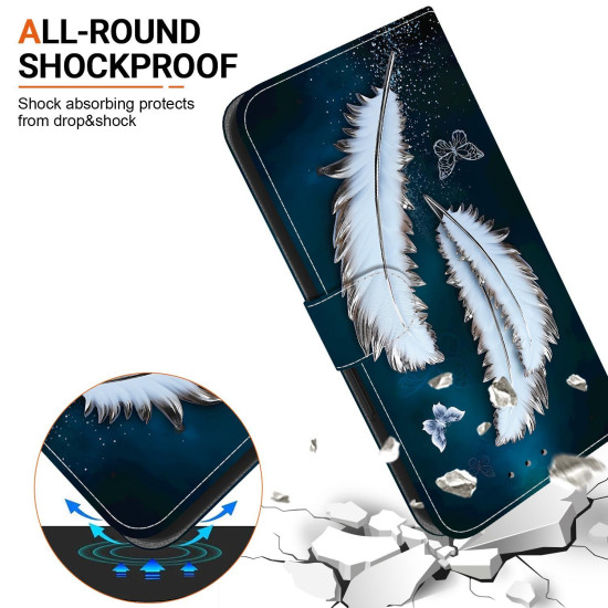 For Samsung Galaxy S23 5G Crystal Texture Colored Drawing Leather Phone Case(White Butterfly Feathers)
