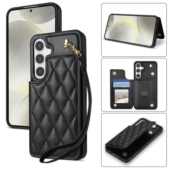 For Samsung Galaxy S24+ 5G Rhombic Dual Buckle Card Slots Phone Case with Lanyard(Black)