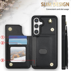 For Samsung Galaxy S24+ 5G Rhombic Dual Buckle Card Slots Phone Case with Lanyard(Black)