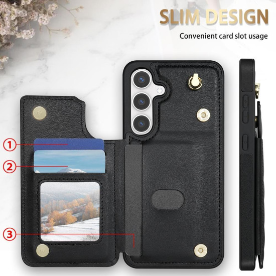 For Samsung Galaxy S24+ 5G Rhombic Dual Buckle Card Slots Phone Case with Lanyard(Black)